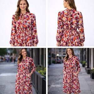 The Kit Joey Dress Womens M Coral Confusion Twill Print Tie Neck Tiered Tencel